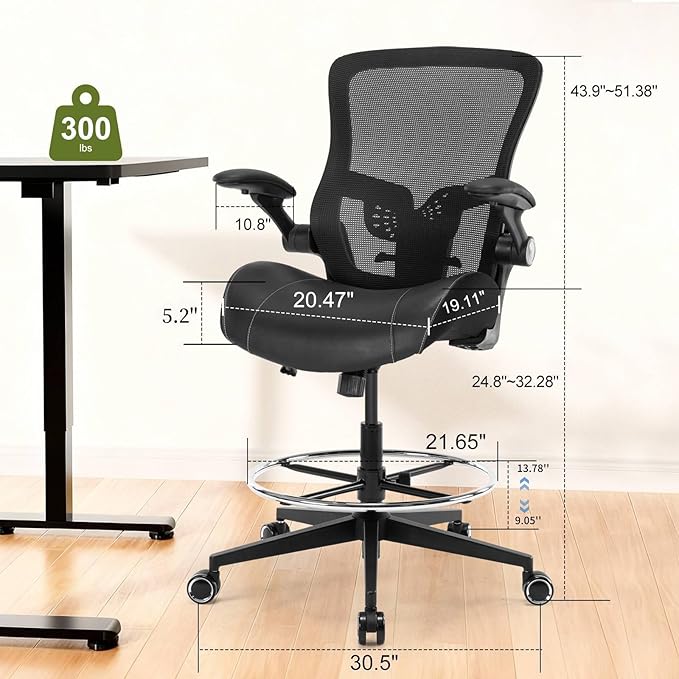 Drafting Chair, Tall Office Chair with PU Leather Seat, Standing Desk Chair Counter Height Office Chairs with 21.65'' Footrest Ring and Adjustable Lumbar Support Armrests Black