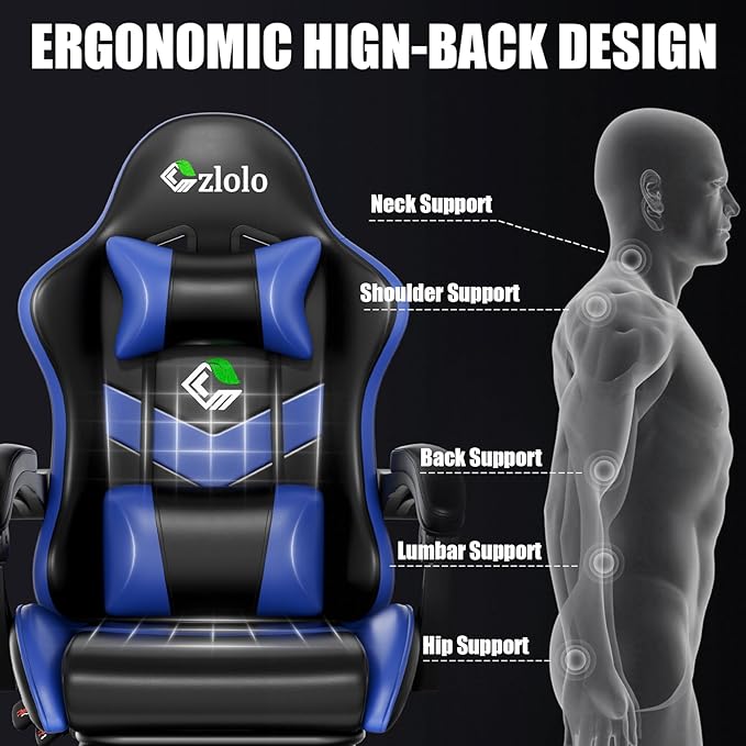 Czlolo Gaming Chair with Footrest Racing Style Lumbar Support Massager Video Game Chair with Metal Legs, High Back Gamer Chair with Headrest, 360° Swivel Office Computer Desk Chair, Bright Blue