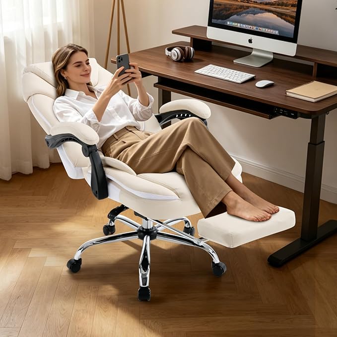 Ergonomic Fully Reclining Office Chairs with Back Support Footrest, Big and Tall Comfortable Recliner Office Desk Chair Computer Gaming Chair, Cream Beige