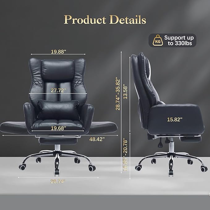High Back Executive Office Chair with Footrest, Reclining PU Leather, Lumbar Support, Criss Cross Style, 155° Recline, Black (Black)