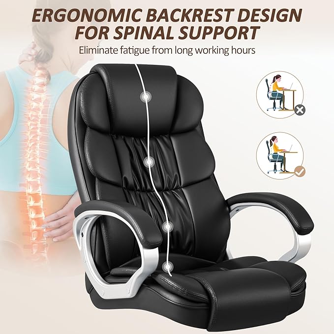 Homall Office Chair High Back Computer Desk Chair, PU Leather Adjustable Height Modern Executive Swivel Task Chair with Padded Armrests and Lumbar Support (Black)