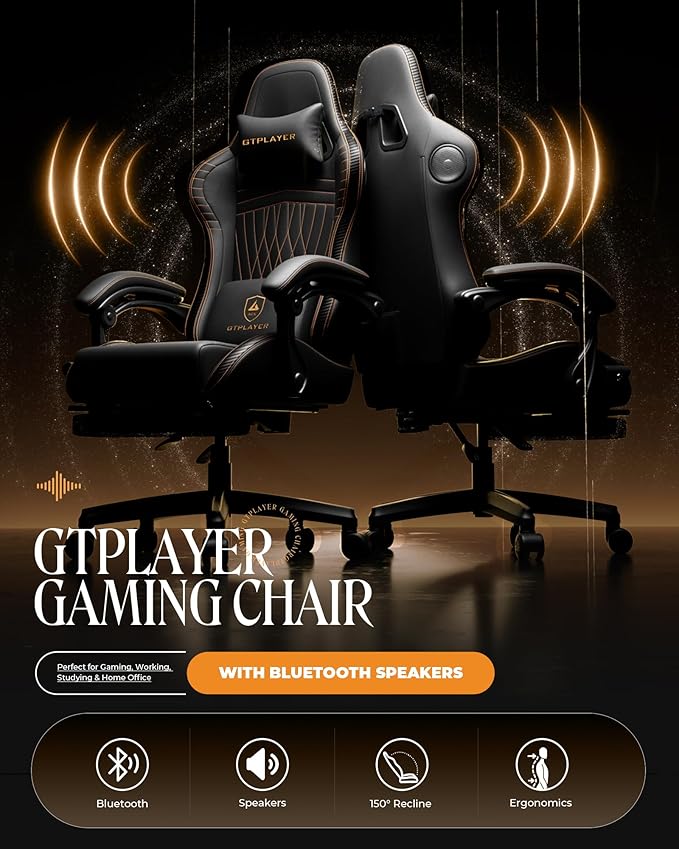 GTPLAYER Gaming Chair with Speakers, Video Game Chairs with Footrest, PC Gamer Chairs for Adults - Padded High Back Ergonomic Reclining Silla Gamer, Linkage Armrest, Ace Pro, Black & Orange Stitch