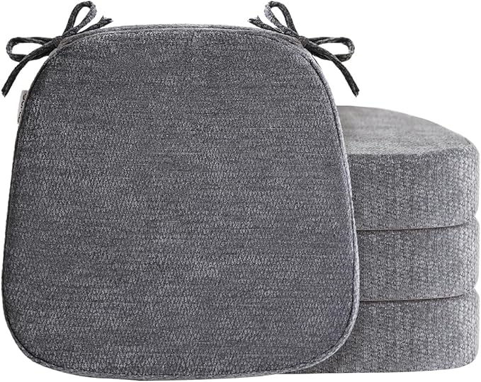 D-Shaped Chair Cushions for Dining Chairs, 2.5” Thick Chair Pads with Washable Comfortable Textured Cover, Non Slip Kitchen Chair Cushions with Ties, 16.5" x 16.5", 4 Pack, Dark Grey