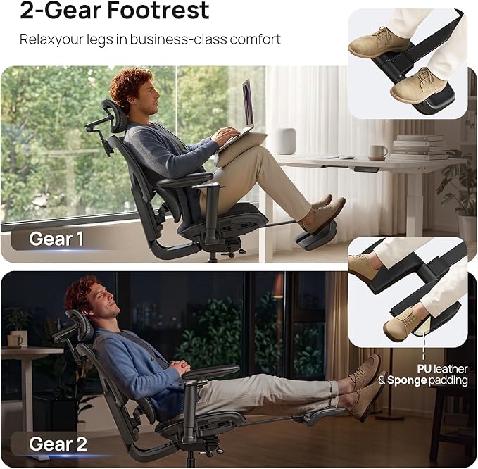 Ergonomic Office Chair with Lumbar Support - Over 10 Hours Sitting Comfortable, Mesh Big and Tall Home Computer Desk Chairs, 4D Headrest, 2-Gear Footrest, 630° Armrst, Seat Depth Adjustable