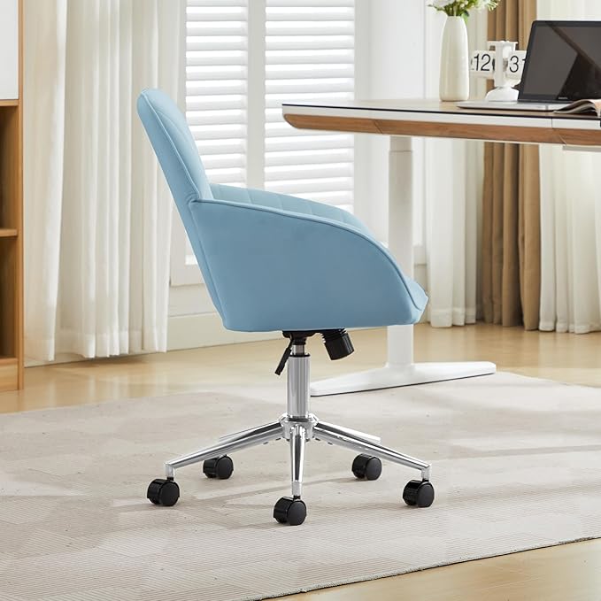 Velvet Home Office Desk Chair, Modern Cute Computer Task Chair with Back, Height Adjustable Upholstered Vanity Chair with Swivel Wheels for Women, Girls (Silver Base, Light Blue