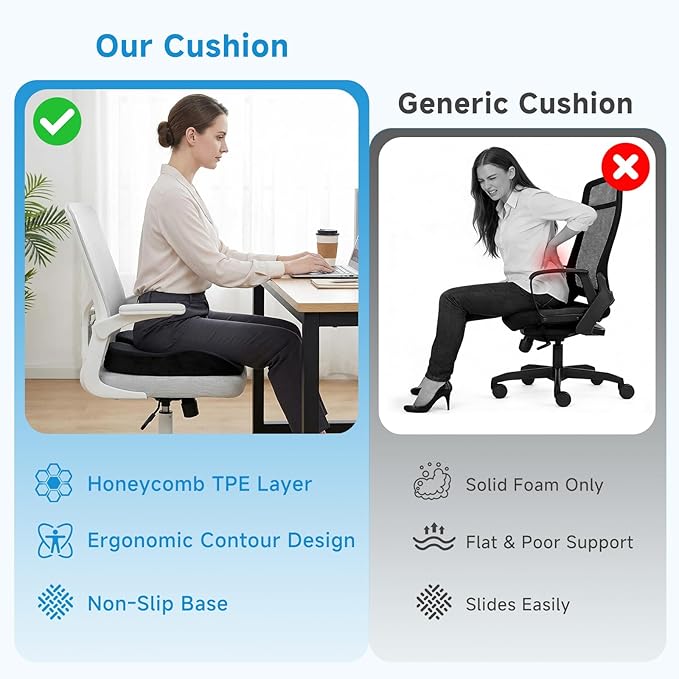 Seat Cushion for Office Chair - Cooling Honeycomb & Memory Foam 17.3" x 2.75" Tailbone Pain Relief Cushion, Ergonomic Desk Chair & Car Seat Cushion for Sciatica, Body Positioner
