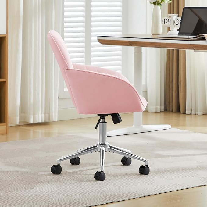 Velvet Home Office Desk Chair, Modern Cute Computer Task Chair with Back, Height Adjustable Upholstered Vanity Chair with Swivel Wheels for Women, Girls (Silver Base, Pink