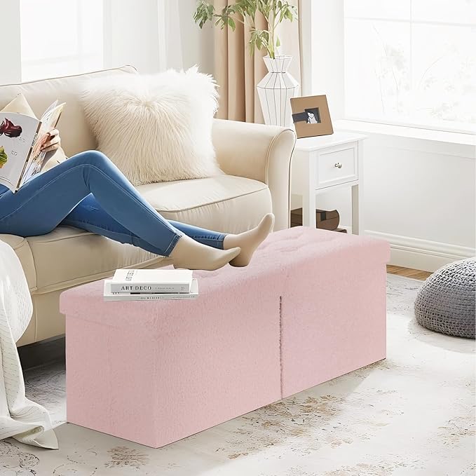 Folding Ottoman Bench with Storage - 34Inches Teddy Velvet Foot Stool Ottoman Bench, Padded Seat, Storage Chest, Blanket Store for Entryway, Livingroom and Bedroom, Pink (34" D x 13" W x 13" H)