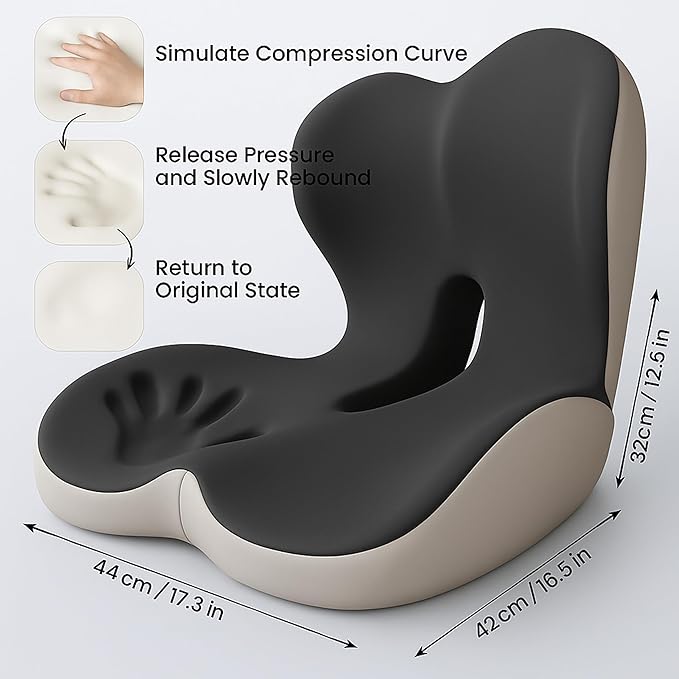 Premium Ergonomic Seat Cushion Set with Back Support, Non-Slip Base for Office Chair, Memory Foam Lumbar Pillow, Back Pain Relief, Car Seat (Dark Gray)