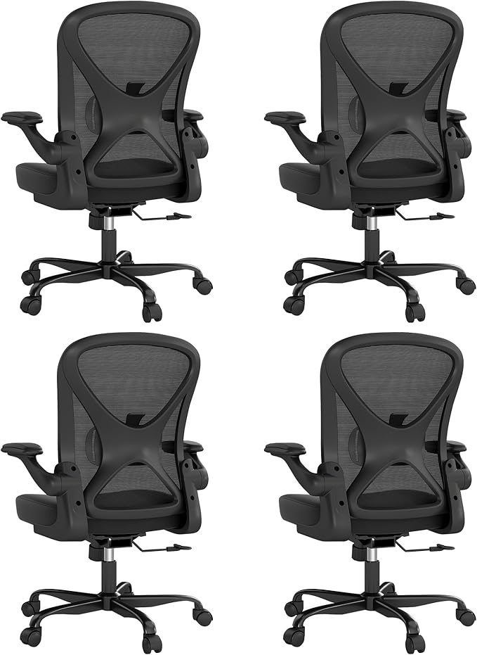 Ergonomic Mesh Office Chair, Computer Chair with Flip-Up Armrests, Adjustable Lumbar Support, Height Adjustable, Smooth Casters, and 360° Swivel, 4PC, Black