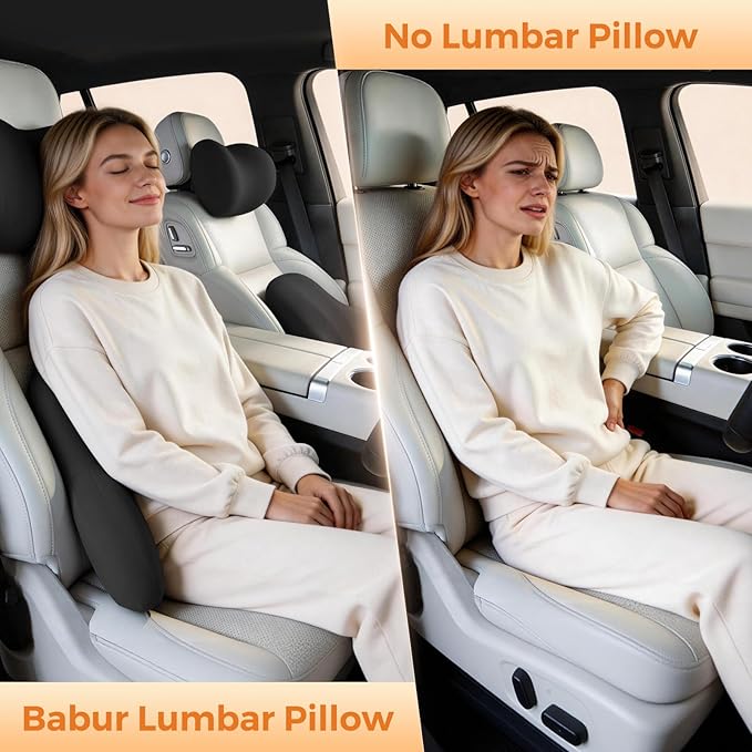 BABUR Lumbar Support Pillow for Car, Ergonomic Memory Foam Support Pillow for Lower Back Pain Relief, Washable Cover, Lumbar Cushion for Driving Seat, Fits Most Cars | Black