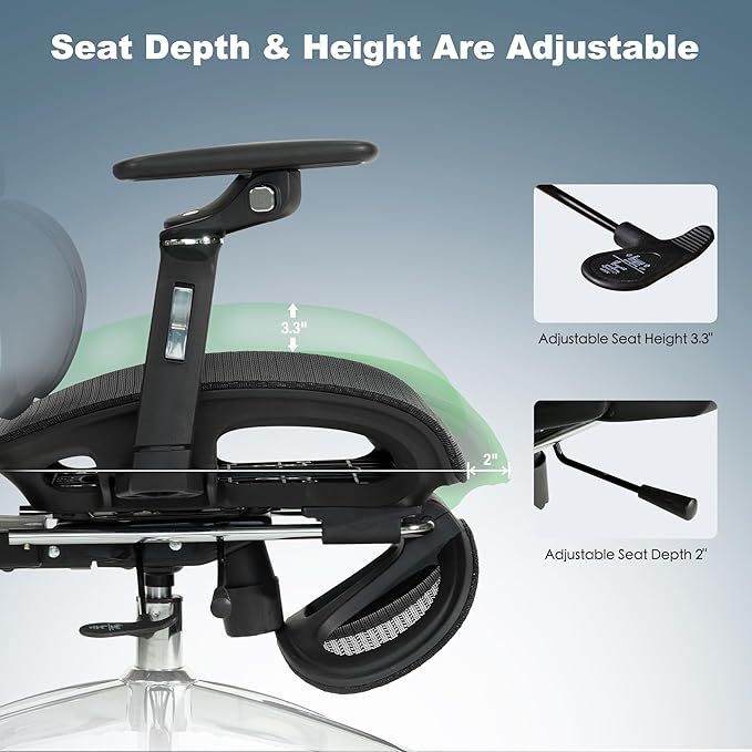 Ergonomic Mesh Office & Gaming Chair with Footrest, High Back Home Office Desk Chair, Comfortable 3D Lumbar Support, 130° Tilt, Adjustable Seat Depth, Adjustable 6D Armrest & 3D Headrest(Black Pro)