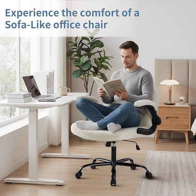 DUMOS Criss Cross Home Office Chair with Wheels, Wide Cross Legged Desk Vanity Chair Comfy Fabric Flip-Up Armrests Adjustable Swivel Chairs for Home Computer Bedroom, Beige