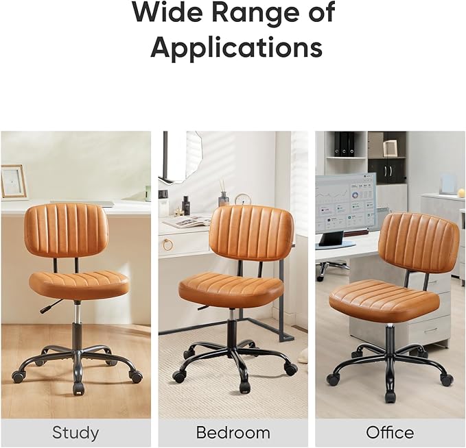 DUMOS Armless Small Home Office Desk Chair - Vanity Task Chair with Low Back, Height Adjustable PU Leather Swivel Computer Chair with 360° Rolling Wheels, Vanity, Bedroom, Deep Brown