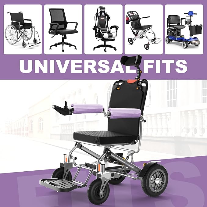 SPRING SEAON Wheelchair Accessories Armrest Covers (Pair), Short Plush Memory Foam Pads, Non-Slip Bottom, Wide Hook-and-Loop Straps, Washable, for Wheelchair/Transport/Office/Gaming Chairs, Purple