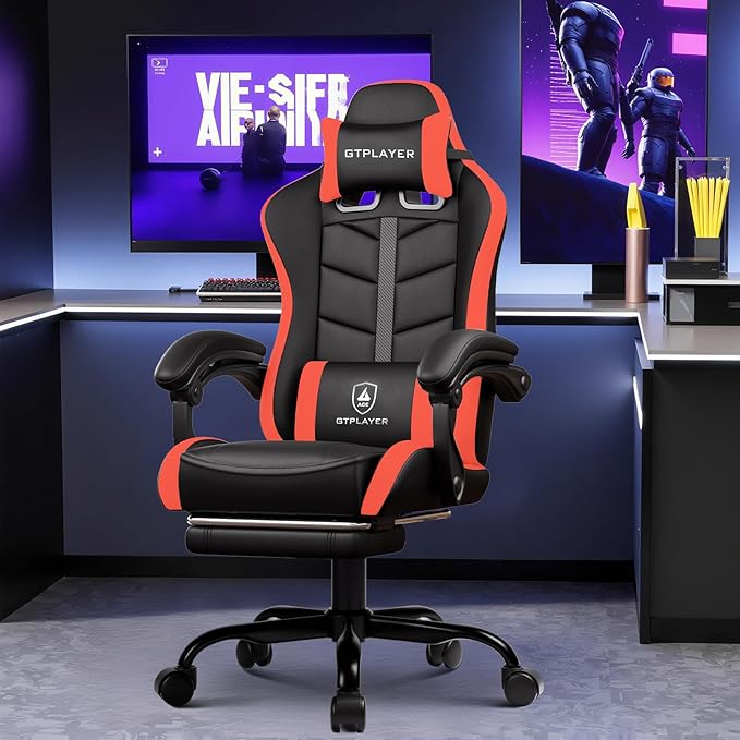 GTPLAYER Gaming Chair, Ergonomic Game Computer Chairs with Foot Rest for Adults, Adjustable PC Game Chair with Reclining Function and Comfortable Headrest for Home and Office Use (RED)