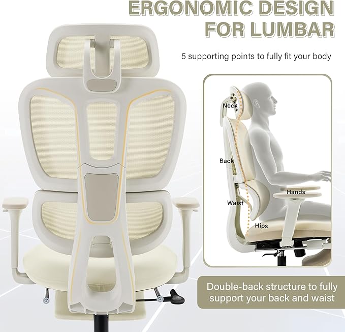 Ergonomic Office Chair with Footrest, High Back Computer Office Chair with Dynamic Lumbar Support, 2D Headrest, 2D Armrest, Sponge Seat, Mesh Home Office Desk Chair for Adults, Cream