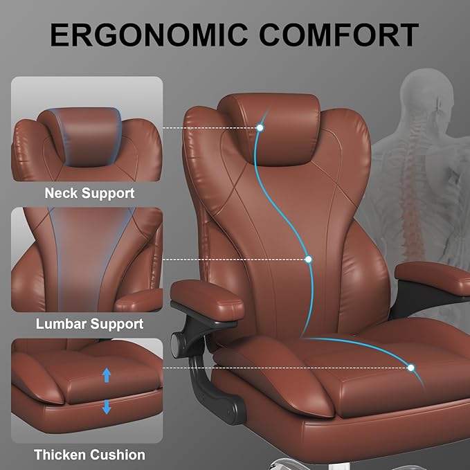 Office Chair, Home Desk Chair, Ergonomic Computer Chair with Lumbar Support, Executive Leather Chair with Flip-Up Armrests, Big and Tall Swivel Rolling Chair, Light Brown