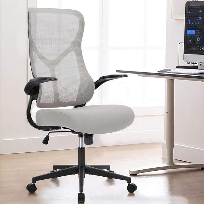 DUMOS Home Office Desk Chair - Ergonomic High Back Mesh Computer Chair with Comfy Flip-up Armrests, Adjustable Height Swivel Task Chair with Wheels, Comfortable Lumbar Support, for Adults, Gery