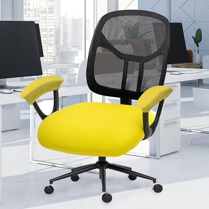 DIVA EN CAMINO DEC Stretchable Office Chair Seat Cushion Covers with Armrest Covers - Universal Spandex Computer Chair Slipcover - Removable Washable Cushion Protectors for Dogs, Cats, Pets (Yellow)