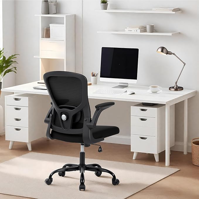 Premium Ergonomic High-Back Mesh Office Chair - Adjustable Height, Flip-Up Armrests & Lumbar Support - Comfy Swivel Seat for Home, Gaming & Work - Black Net