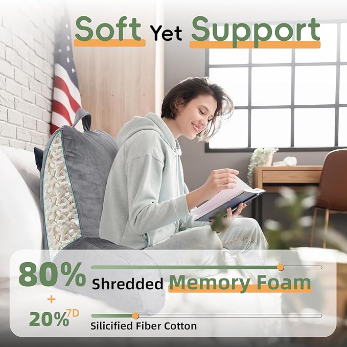 ROKDUK Back Support Pillow for Bed Sitting Up, Shredded Memory Foam Backrest Pillows with Arms Arm Rest Pillow for Reading in Bed Adults