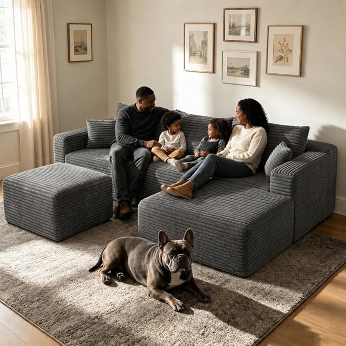 94" Darkgrey Fluffy Couch with Ottoman for Living Room, Corduroy No Bones Sectional Couch,Compressed Memory Foam Cloud Sofa,No Assembly Required,Right Facing Chaise,Darkgrey