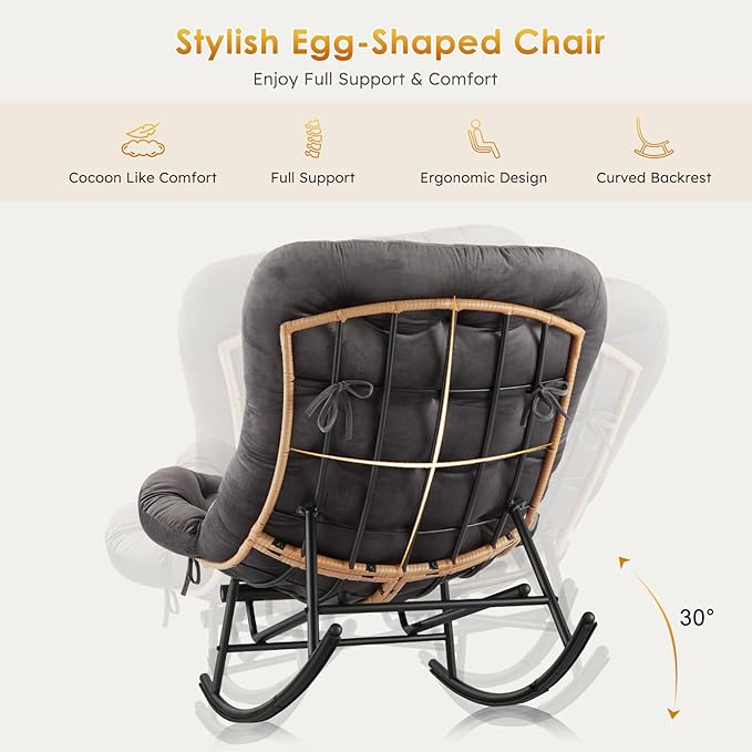 Jojoka Oversized Papasan Rocking Chair with Integrated Detachable Foot Rest, Thick Removable Cushion, PE Rattan Metal Frame Lounge Chair for Indoor Outdoor Patio, Garden, Porch, Living Room