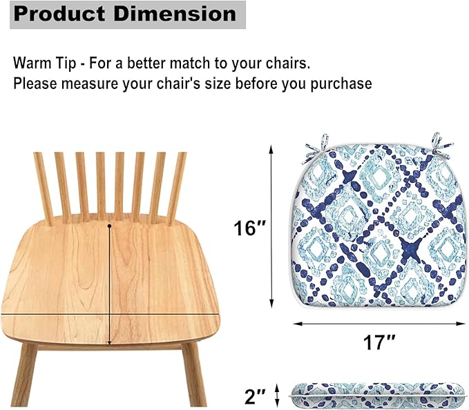 DYTXIII Set of 2 Outdoor Chair Cushions with Ties,Water Repellent Patio Chair Pads 17"x 16" for Outdoor Furniture,Round Corner Seat Cushions for Garden Yard Kitchen Boho Geometry Blue