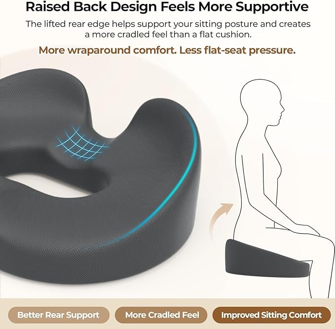 TushGuard Ergonomic Donut Pillow Seat Cushion with Raised Rear Support, Large Memory Foam Cushion for Tailbone, Hemorrhoids & Sciatica Relief, Office Chair, Car, Travel, Postpartum, Grey