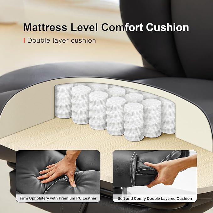 amseatec Office Chair,Big and Tall 400Lbs with Footrest, Ergonomic with Adjustable Backrest, Reclining Computer Chair with Double Lumbar Support, Thick Bonded Leather for Comfy (Gray)