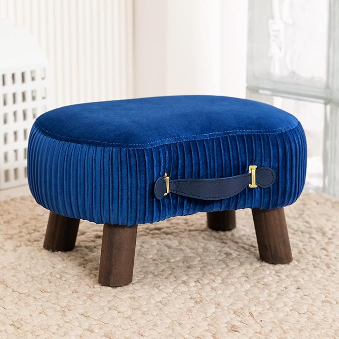 LUE BONA Small Curved Foot Stool with Handle, Navy Blue Velvet Footstool and Ottomans, Modern Foot Rest with Wooden Legs, Step Stool with Padded Seat for Couch, Living Room