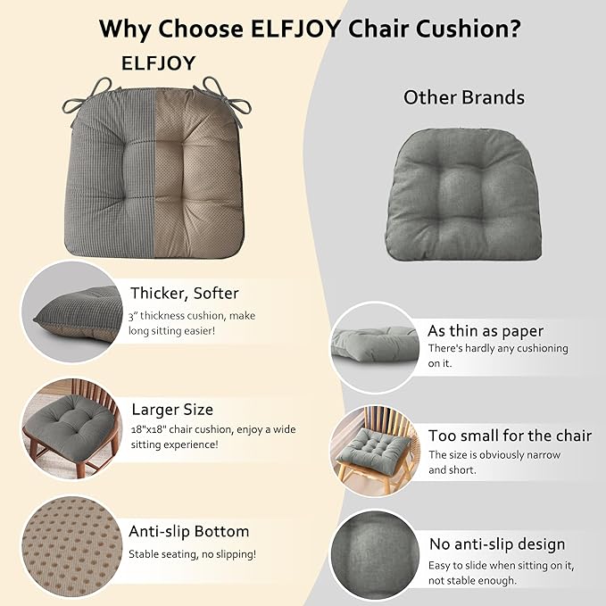 ELFJOY Dining Chair Cushions Set of 2 Thick Non Slip Kitchen Chair Pads with Ties Comfortable Indoor Kitchen Seat Cushions (18" x 18" x 3" Light Grey)