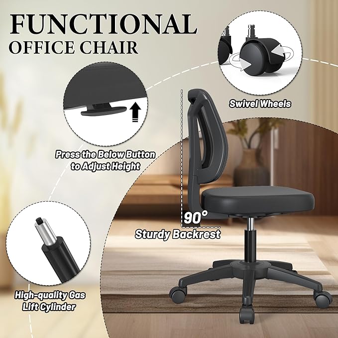 Armless Swivel Small Task Desk Office Chair Without Arms Height Adjustable with Rolling Wheels for Small Spaces Adult and Child