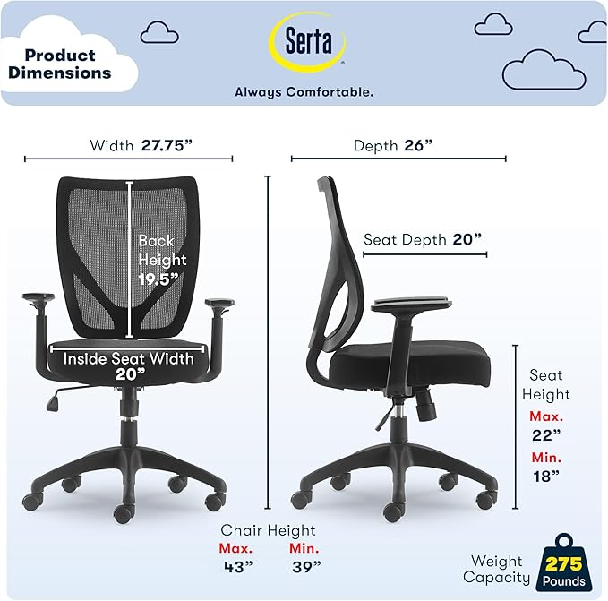 Serta Focus Mesh Office Chair, Ergonomic Mid-Back Computer DeskChair with Lumbar Support, Breathable MeshBack, SertaQuality Foam Cushion, Adjustable Armrests, Swivel Nylon Base, Black