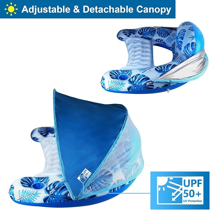 COOLCOOLDEE Pool Float with Canopy, Cup Holder - XL Pool Chair Lounge Float with Adjustable Sun Shade Cover, Drink Holder, Ergonomic Headrest,Inflatable Pool Float for Adults