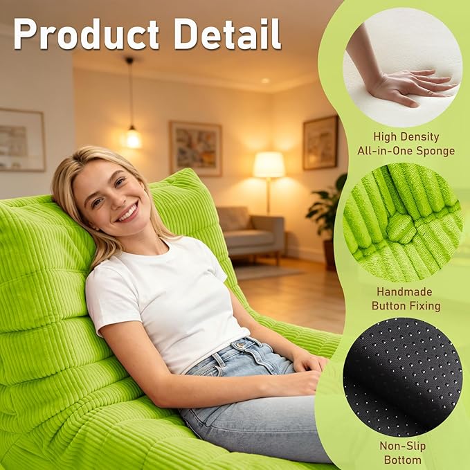 Trenda Bean Bag Chairs for Adults - Comfy High-Density Foam Fireside Chair, Adult Size, Soft Corduroy Cover Beanbag Couch, Versatile for Living Room, Bedroom, Dorm, Reading & Gaming (Neon Green)