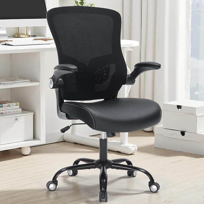 Office Chair, Ergonomic Desk Chair with Adjustable Lumbar Support Breathable Mesh Computer Swivel Chair with Flip up Armrests & PU Leather Cushion, Comfy Task Chair for Home Office, Black