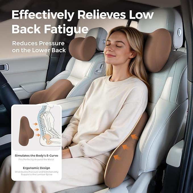 BABUR Lumbar Support Pillow for Car, Ergonomic Memory Foam Support Pillow for Lower Back Pain Relief, Washable Cover, Lumbar Cushion for Driving Seat, Fits Most Cars | Brown
