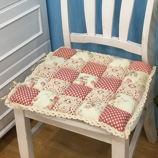 vctops Patchwork Chair Pad with Ties No Slip Lace Trim Chair Cushion Farmhouse Floral Print Kitchen Dining Seat Cushion (510 Red, 16"x16")