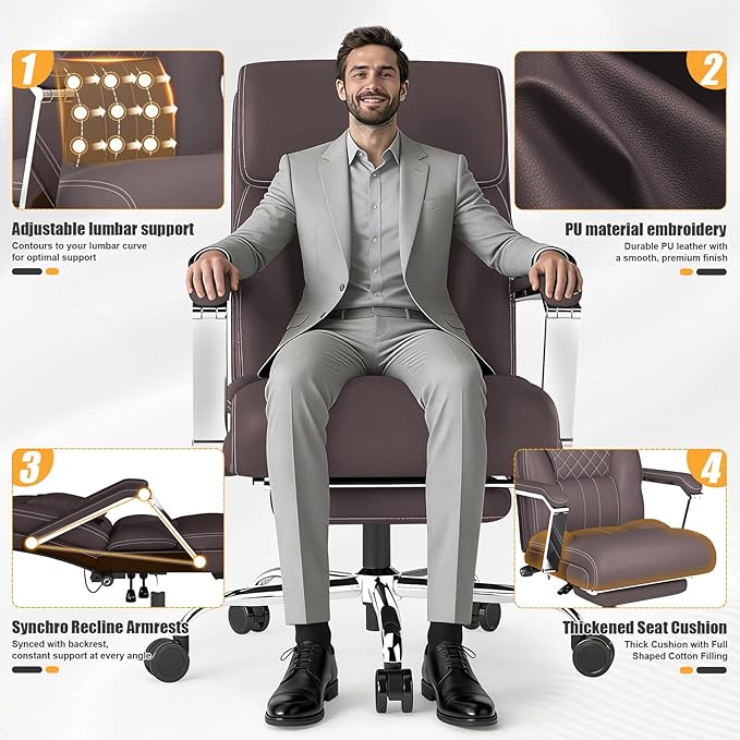 Ergonomic Executive Leather Office Chair with Footrest, Reclining Computer Desk Chair with Adjustable Lumbar Support, 360° Swivel, 400lbs Capacity