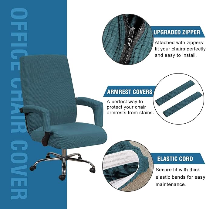 H.VERSAILTEX 3 Pcs Computer Office Chair Cover Universal Rotating Chair Slipcovers Protector Removable Washable Office Armrest Covers with Zipper for High Back Seat Backrest Pads(Large,Deep Teal)
