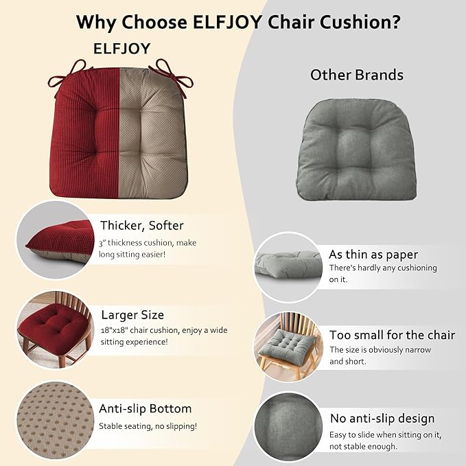 ELFJOY Dining Chair Cushions Thick Non Slip Kitchen Chair Pads with Ties Comfortable Indoor Kitchen Seat Cushions 18" x 18" x 3" (2, Red)