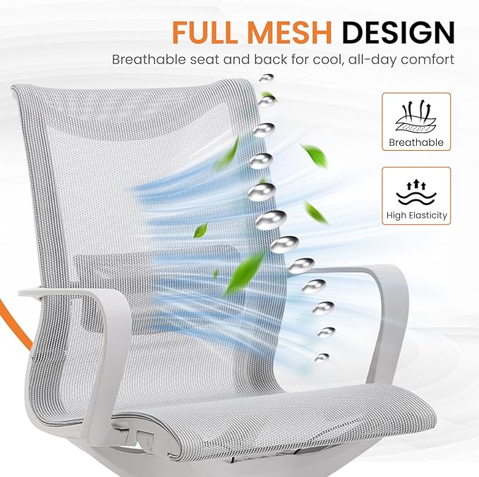 LuxErgo Ergonomic Mesh Office Chair, Mid Back Desk Chair with Lumbar Support & Armrests, Height Adjustable, 115° Recline, 360° Swivel Rolling Task Chairs for Home Office, Grey
