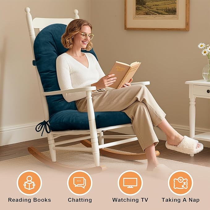 Rocking Chair Cushion - Velvet Fabric, High-Density Sponge, Durable Comfort Non-Slip Bottom Tufted Seat Pads with Ties, Velvet︱Dark Blue, 44x19x4 inch