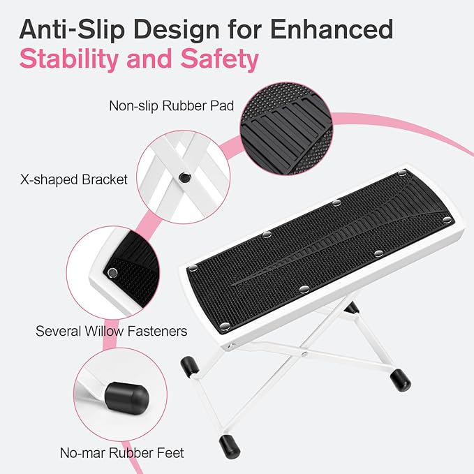 Subay Pedicure Foot Rest, 6-Height Adjustable, Foldable Non-Slip Foot Stand for Easy Home Pedicures, White