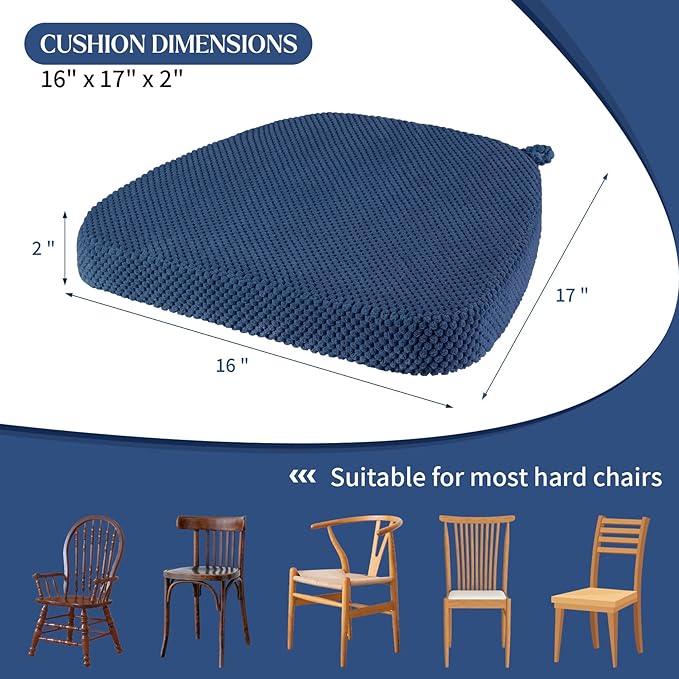 Navy Blue Foam Chair Cushions with Ties Removable Covers, D-Shape Dining Kitchen Chair Seat Pads Non Slip 17"x16" Set of 4