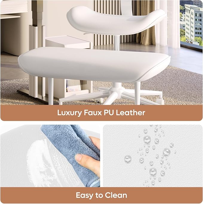 Pinmoco Cross-Legged Meditation Chair, ADHD Friendly Armless Office Chair with Footrest, PU Leather Wide Seat Desk Chair for Focus, Calm Sitting & Home Office, Off White