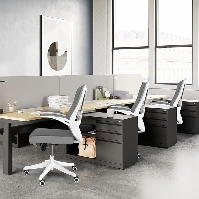 350 LBS Ergonomic Office Computer Mesh Chair - Adjustable Height Rolling Desk Chair with Flip-Up Armrests & High Back Support - Comfortable Swivel Task Chair for Home Office (02GREY)