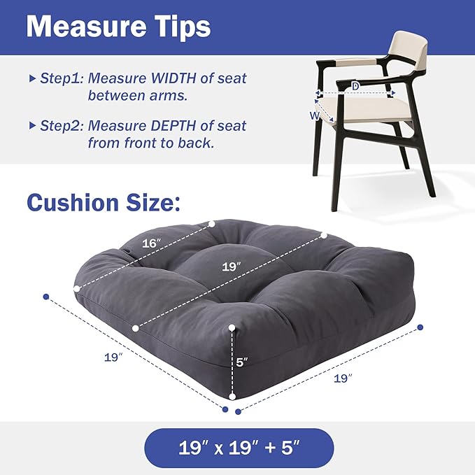 IPYNBAP Outdoor Chair Cushions Set of 4, Patio Chair Cushions with Ties, 19x19+5” Tufted Outdoor Seat Cushions, Waterproof Patio Furniture Cushions, Outdoor Dining Chair Pads, Dark Grey
